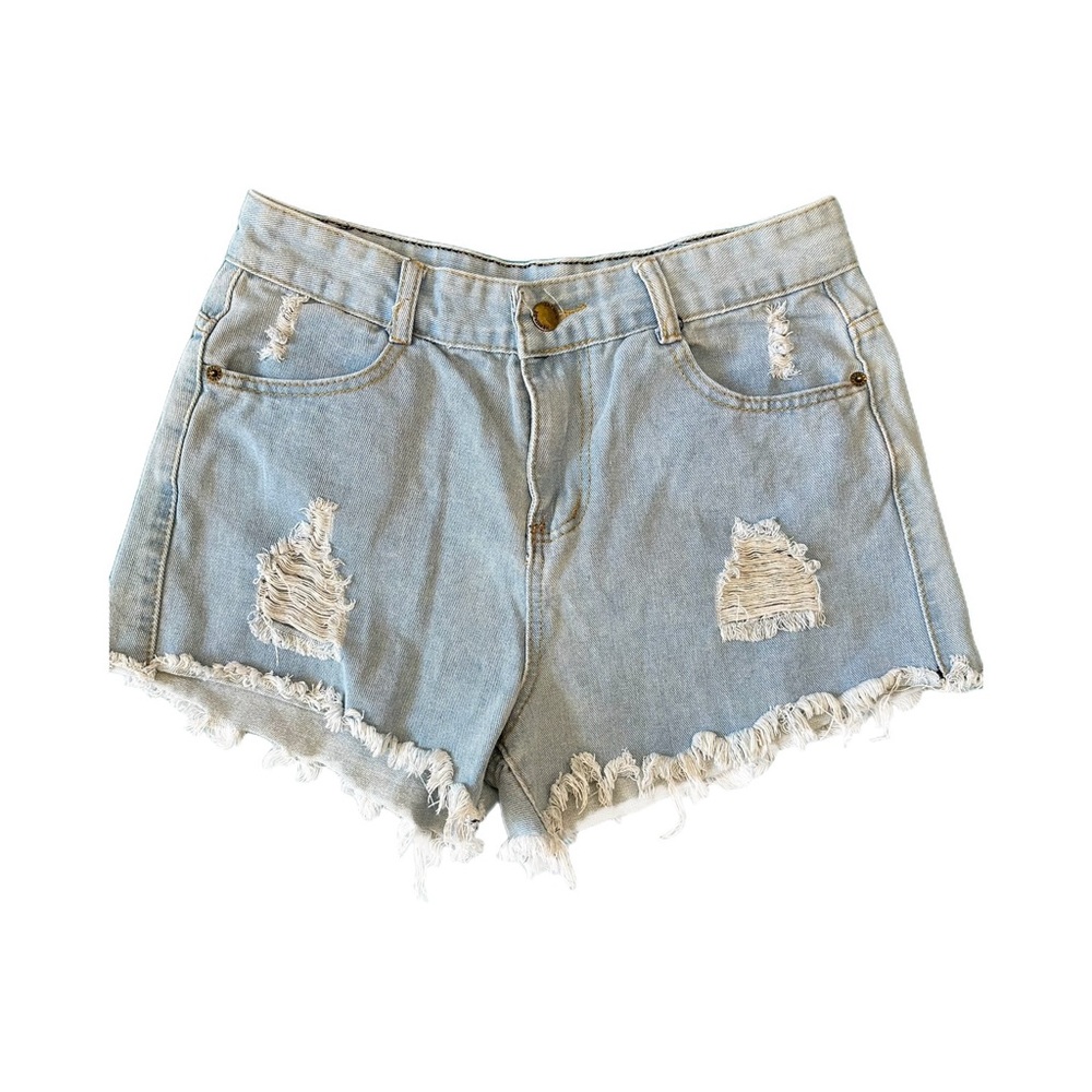 Falmer Heritage Distressed Denim Shorts. Raw Hem. Light Wash Blue. Juniors XL
